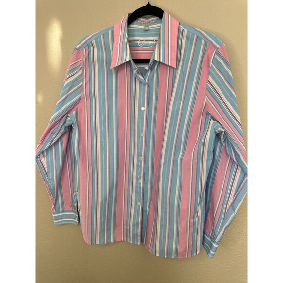 Foxcroft Womens Blue Pink Blouse 14‎ striped long sleeve button up collar cotton - Picture 2 of 6